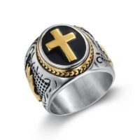 Retro stainless steel men's ring with gold cross, black enamel detail; perfect rings for men cross style.