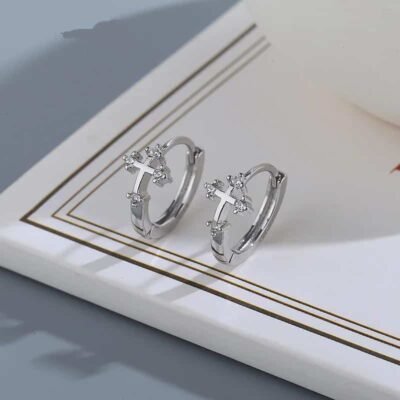 Silver Cross Hoop Earrings With Cubic Zirconia Accessories Earrings Model Number: CIA810
