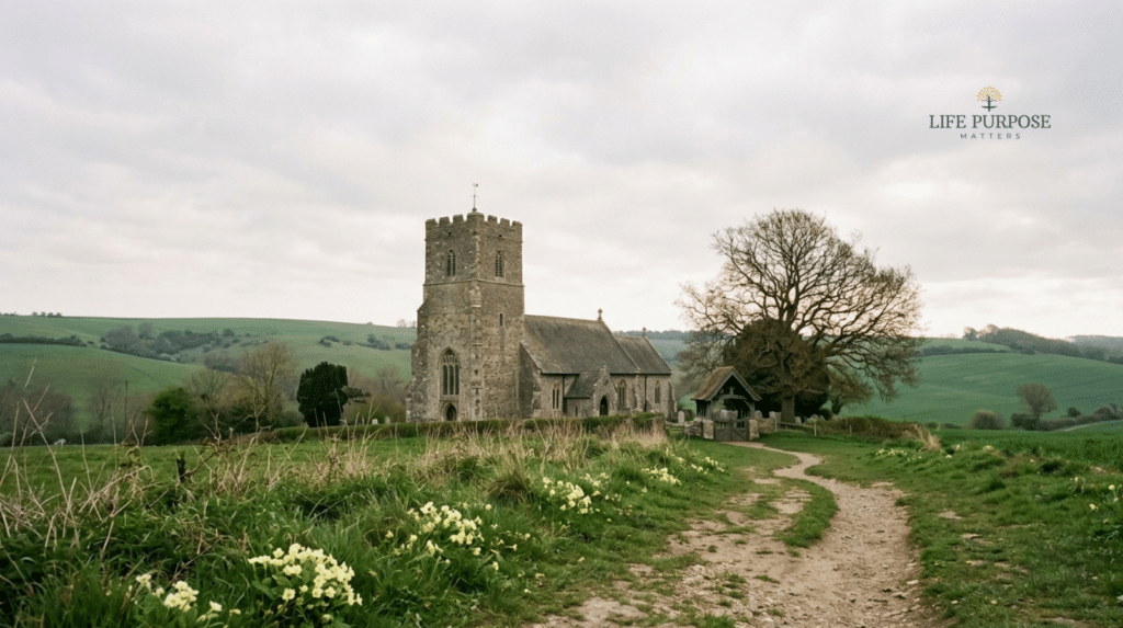 ancient stone church in kent, representing god as our refuge and strength for weary mothers