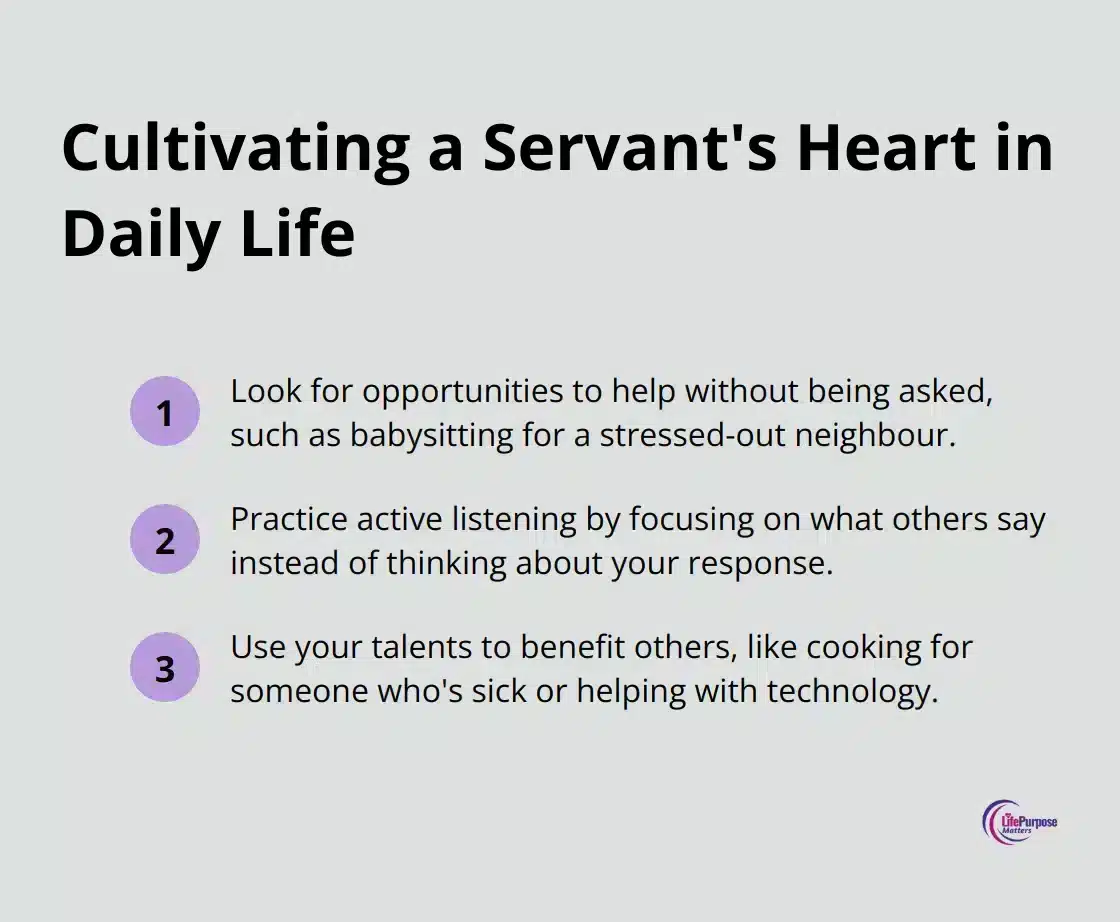 A list of three practical ways to cultivate a servant's heart: helping without being asked, practicing active listening, and using talents to benefit others. - christian leadership principles