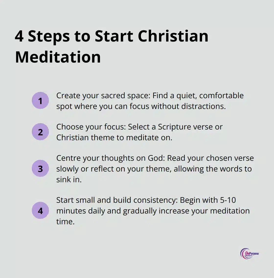 An ordered list chart showing four practical steps to start Christian meditation: Create your sacred space, Choose your focus, Centre your thoughts on God, and Start small and build consistency. - christian meditation guide