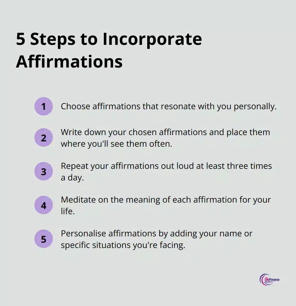 Ordered list of 5 steps to incorporate Christian affirmations into daily life