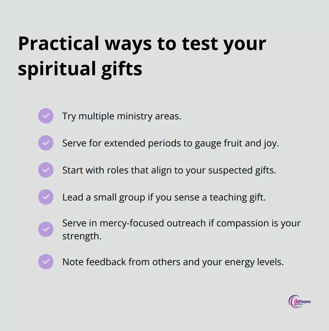 Checklist of simple actions to identify and confirm spiritual gifts through service.