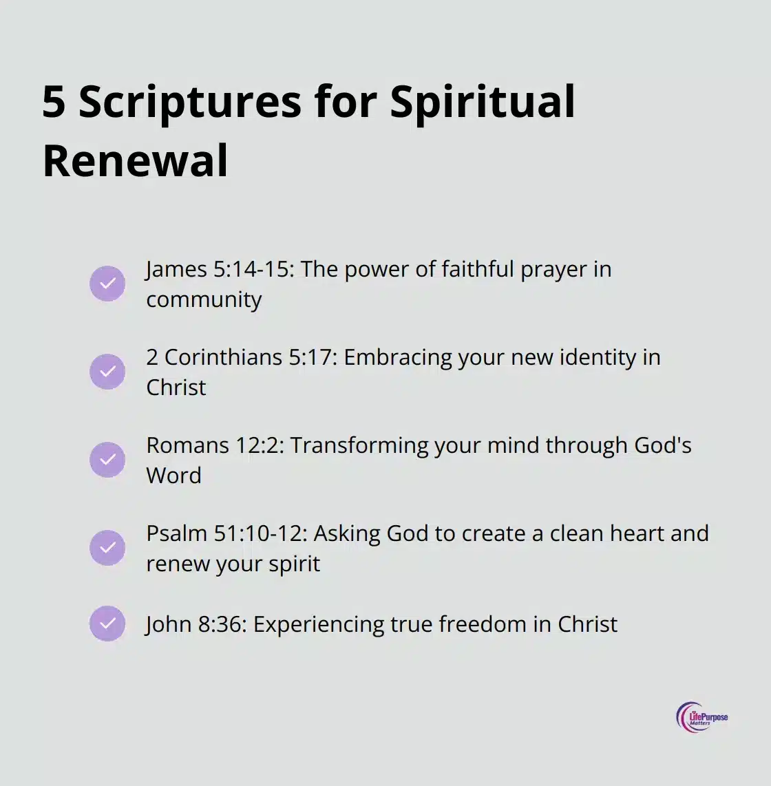 Checklist of 5 Bible verses for spiritual renewal: James 5:14-15, 2 Corinthians 5:17, Romans 12:2, Psalm 51:10-12, and John 8:36 - faith and healing scriptures