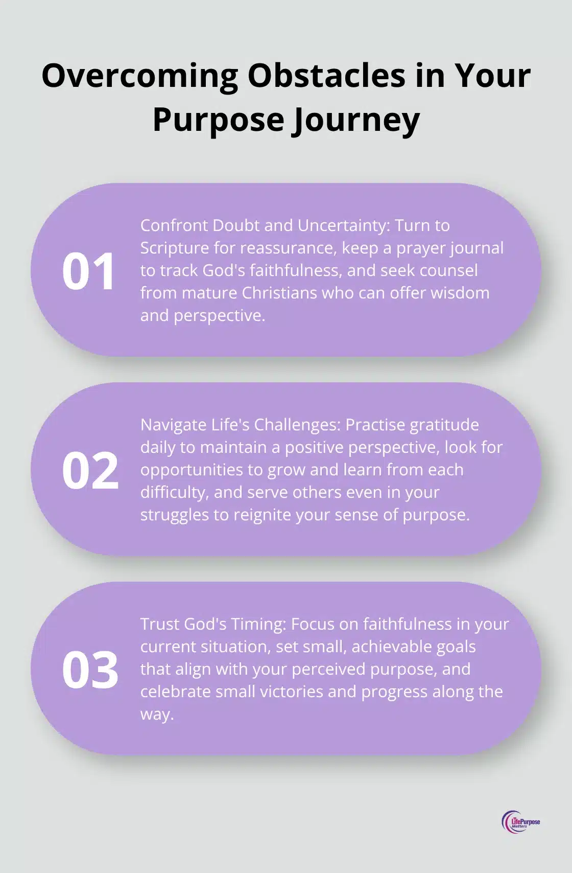 An ordered list chart presenting three key strategies for overcoming obstacles in discovering and living out your God-given purpose: Confront Doubt and Uncertainty, Navigate Life's Challenges, and Trust God's Timing. - finding your life purpose