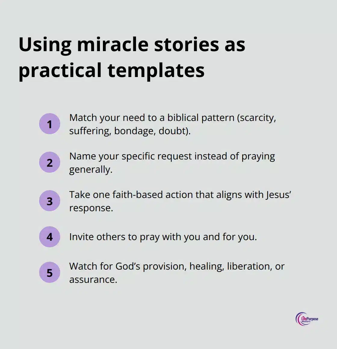 Compact ordered list of practical steps for applying biblical miracle stories to present crises. - jesus miracles