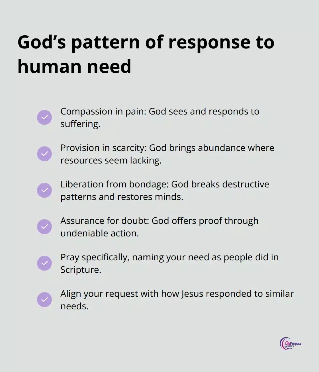 Checkmark list summarising God’s compassionate, providing, liberating, and faith-affirming responses, with guidance for specific prayer. - jesus miracles