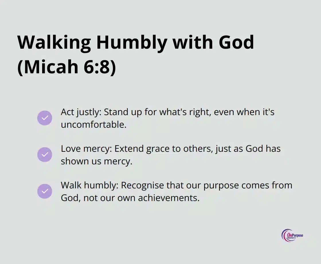 A checkmark list chart showing three aspects of walking humbly with God: Act justly, Love mercy, and Walk humbly - living life with a purpose bible verses