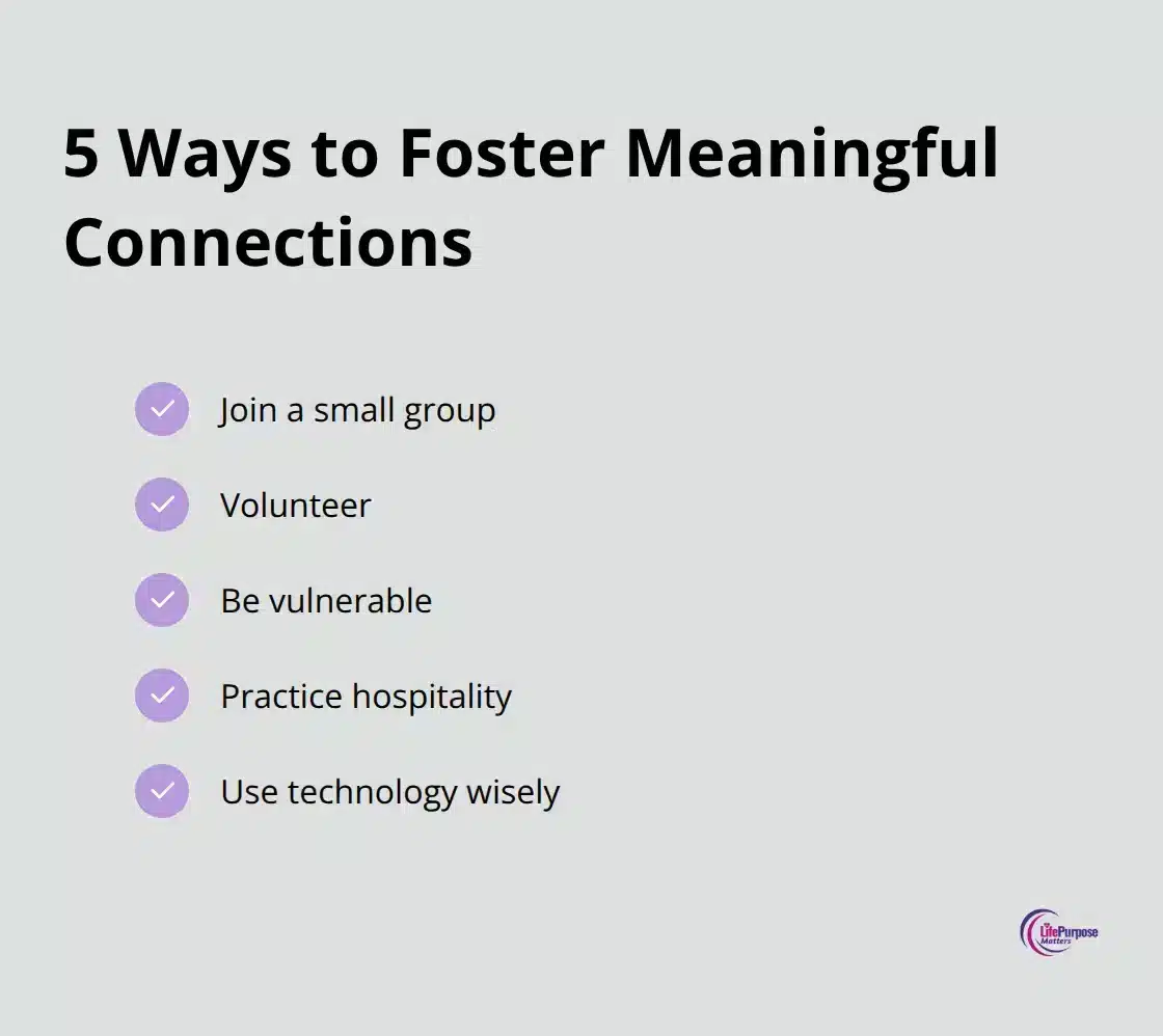 A checkmark list of five ways to foster meaningful connections: Join a small group, Volunteer, Be vulnerable, Practice hospitality, and Use technology wisely. - meaning of life as a christian