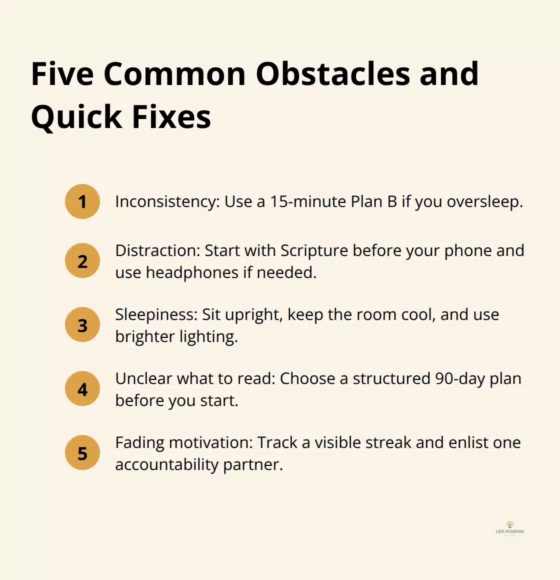 Compact list of the main obstacles to morning devotionals with fast solutions. - quiet time routine