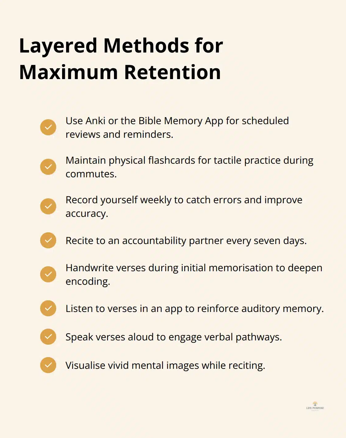 Checklist of complementary memorisation methods to reinforce Scripture from multiple angles. - scripture memorization