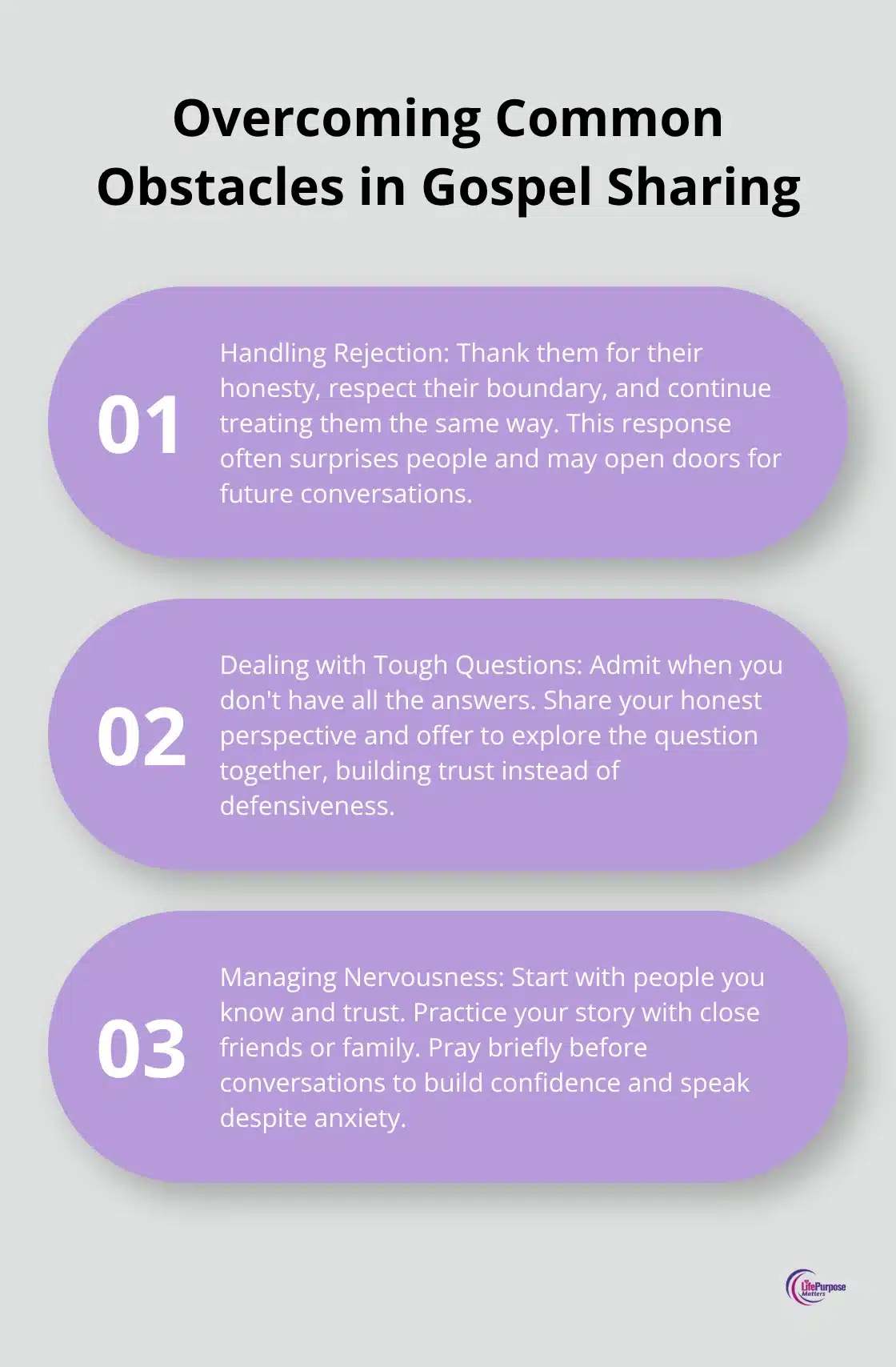 Ordered list chart presenting three common obstacles in gospel sharing and how to overcome them - sharing the gospel effectively