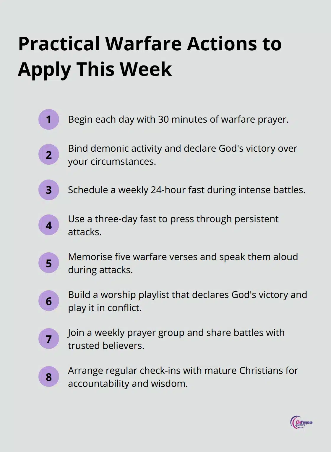 Eight quick steps for prayer, fasting, scripture, worship, and community support - spiritual warfare