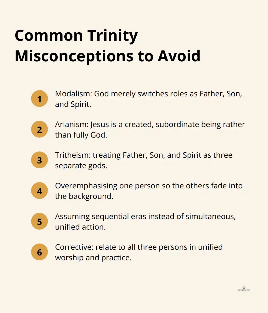 Compact list highlighting major Trinity misconceptions and what to watch for.