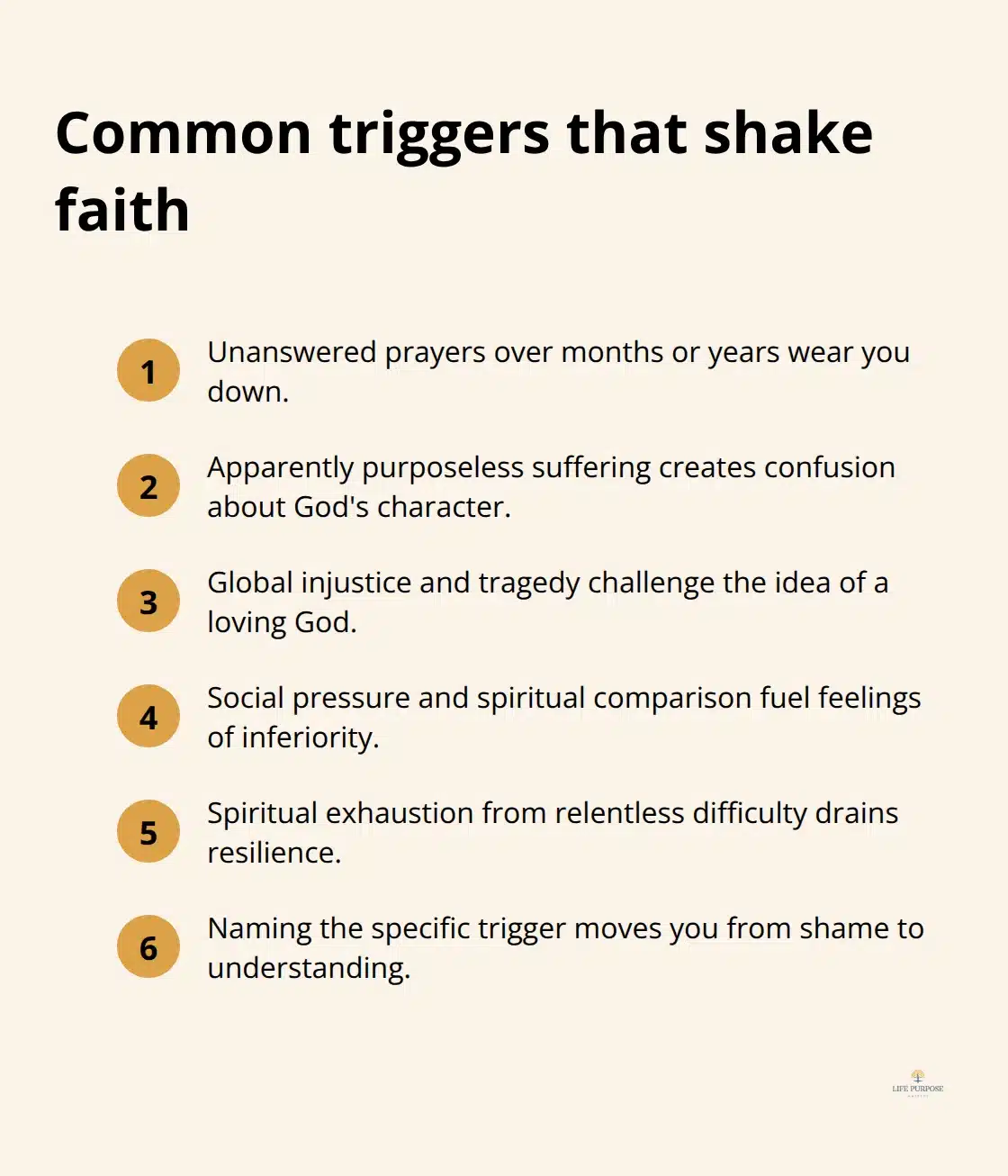 Compact list of common triggers that can prompt spiritual doubt. - trusting God through trials