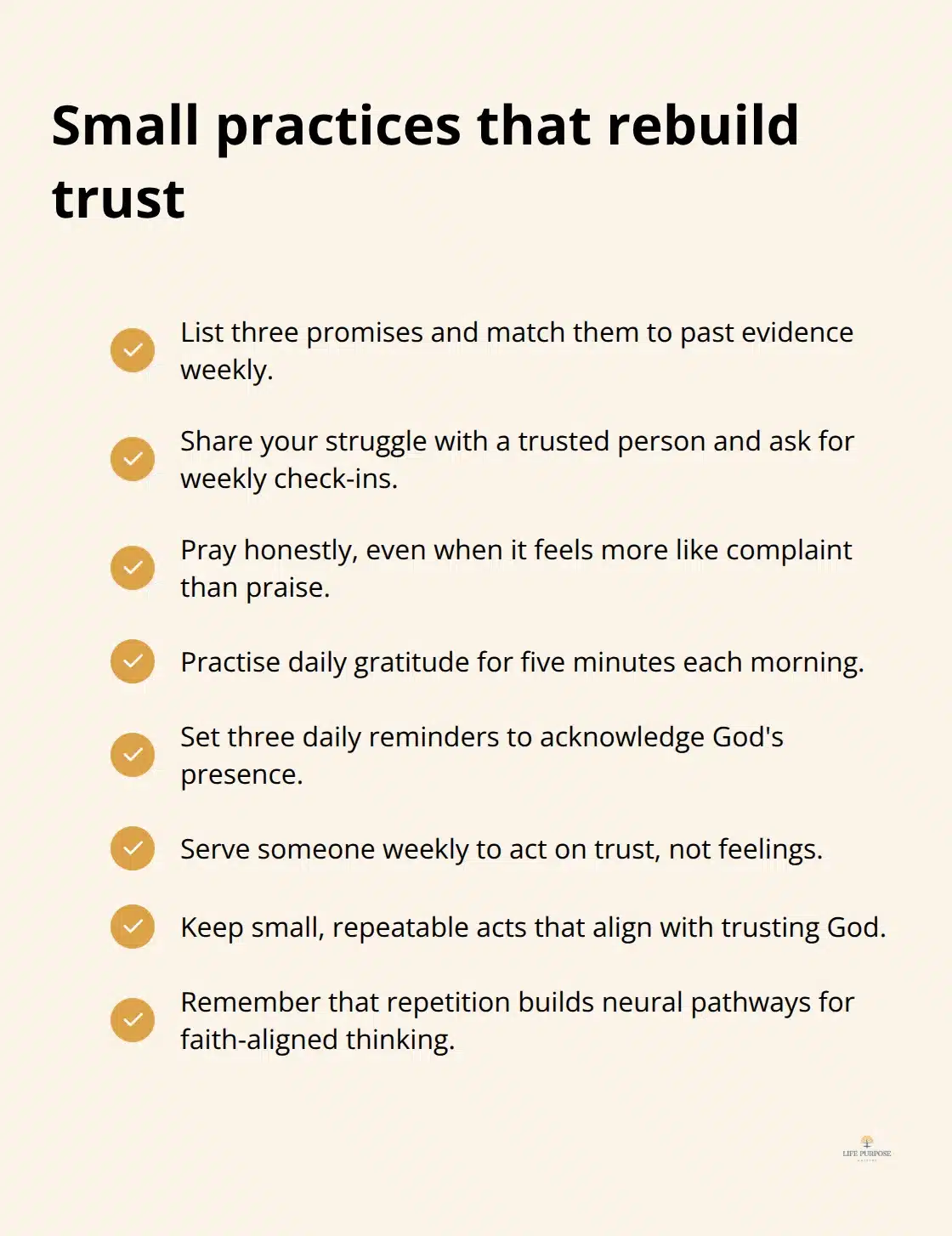 Checklist of simple, repeatable actions to strengthen faith.