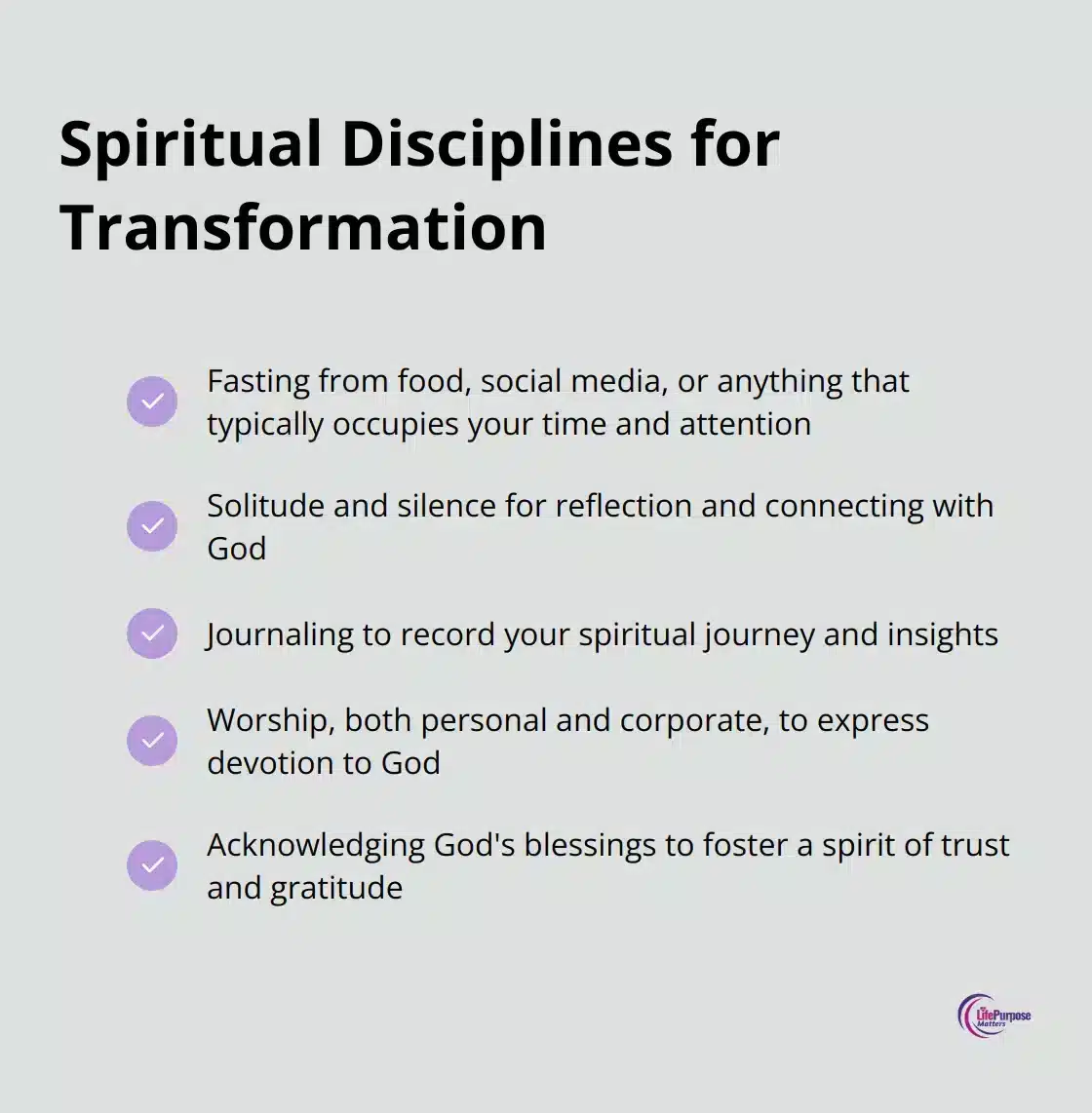 Checkmark list of five spiritual disciplines: Fasting, Solitude and silence, Journaling, Worship, and Acknowledging God's blessings