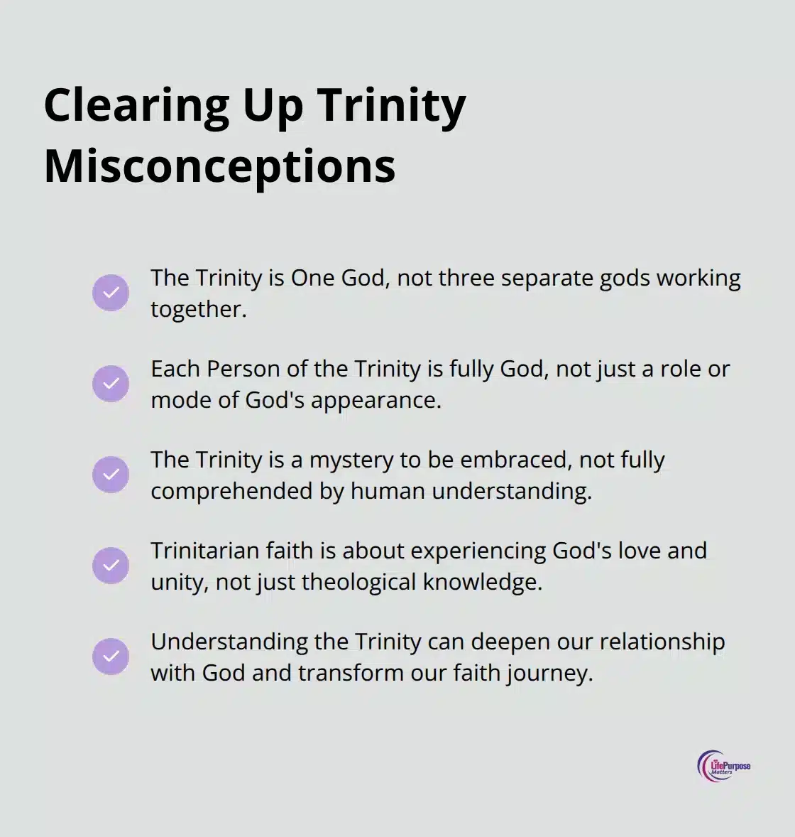 A checkmark list chart addressing common misconceptions about the Trinity, emphasising key truths about God's nature. - what is the trinity